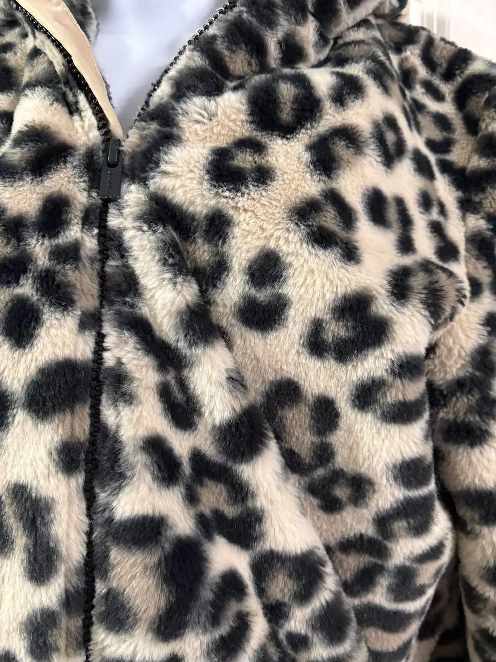 Girl’s Old Navy Beige and Black Faux Fur Leopard Zip Hoodie